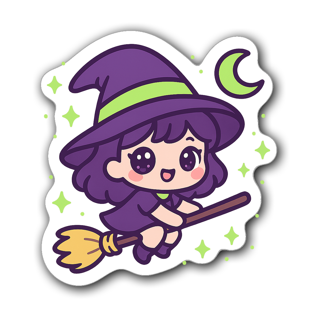 Kawaii chibi witch sticker riding broomstick with sparkles