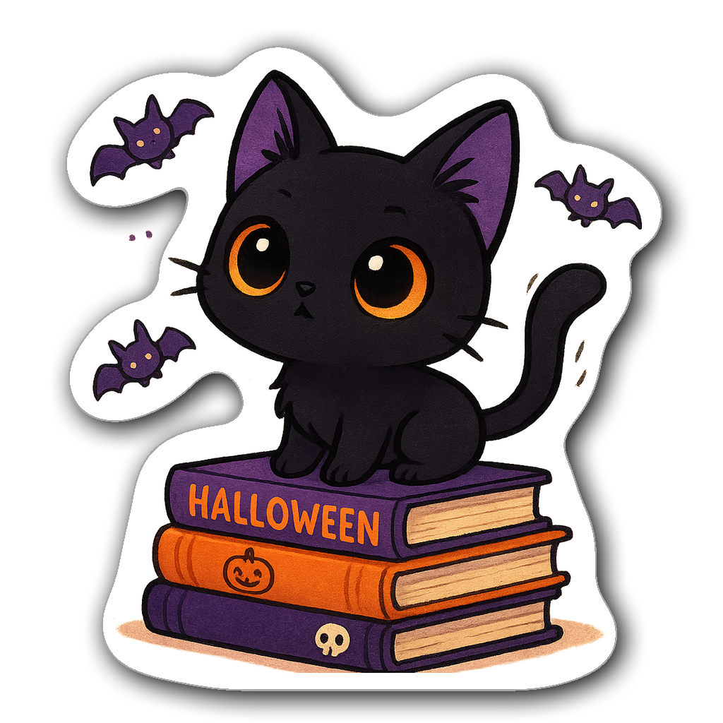 Kawaii chibi black cat sticker with big eyes and Halloween books