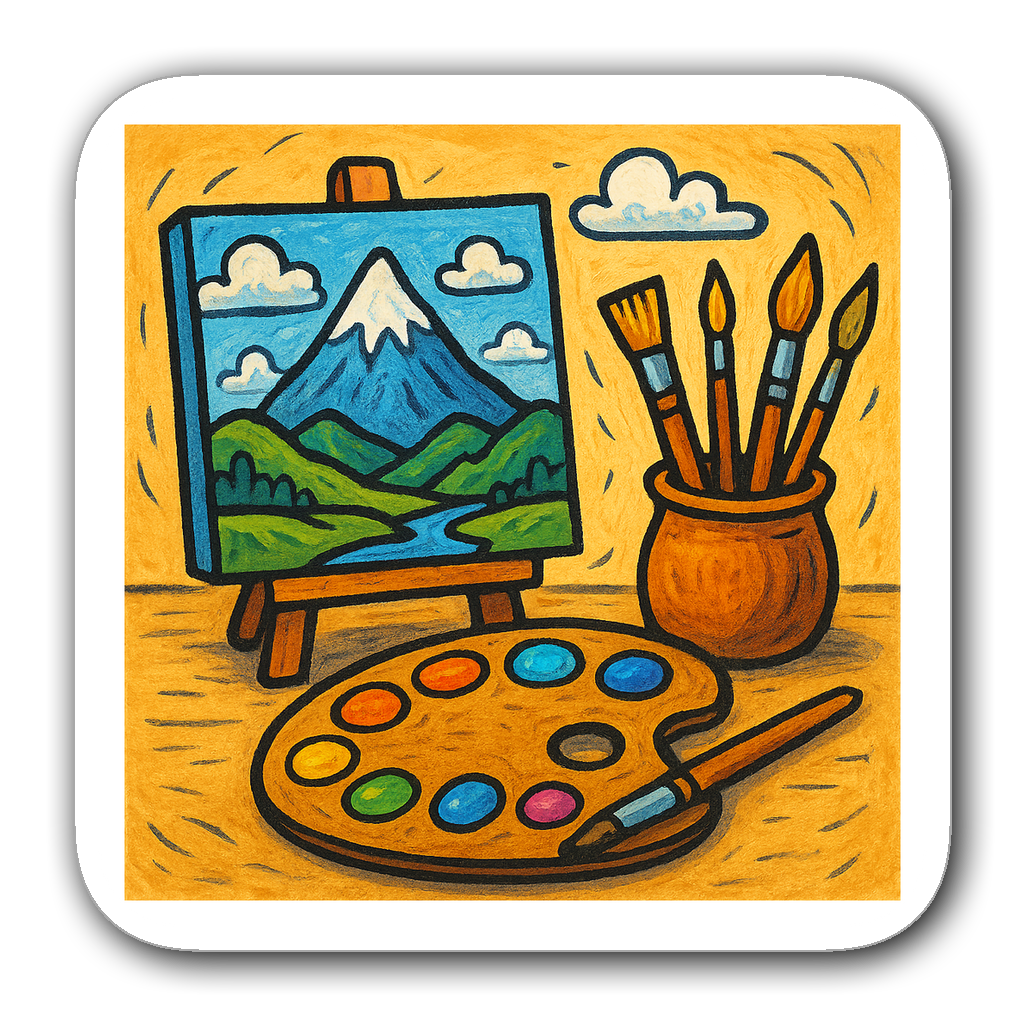 Whimsical painting setup with palette and brushes sticker