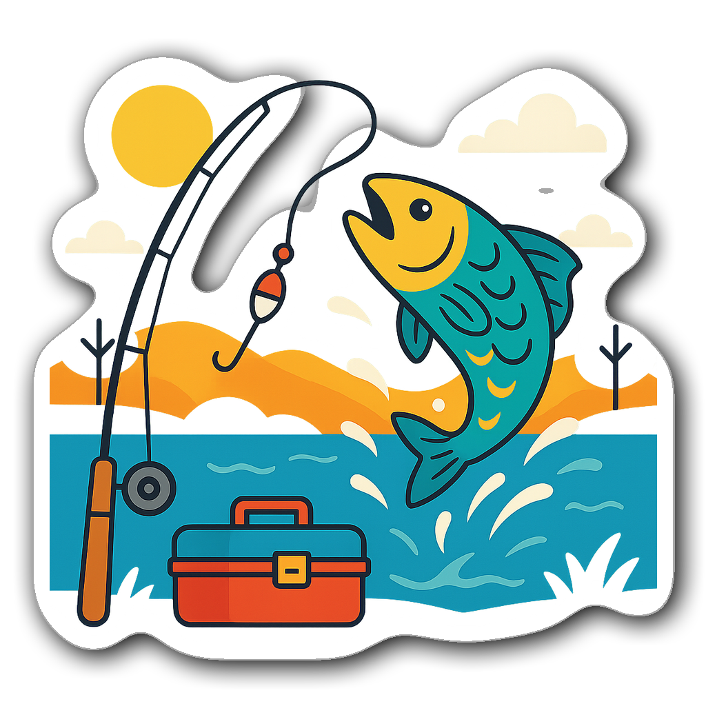 Cheerful fishing design with rod, tackle box and lake scene