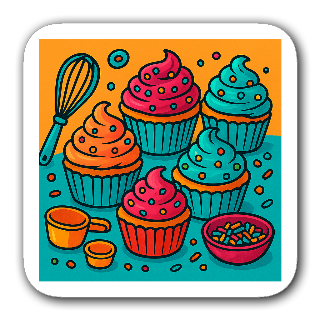 A colorful baking scene with cupcakes and baking tools in vibrant colors.