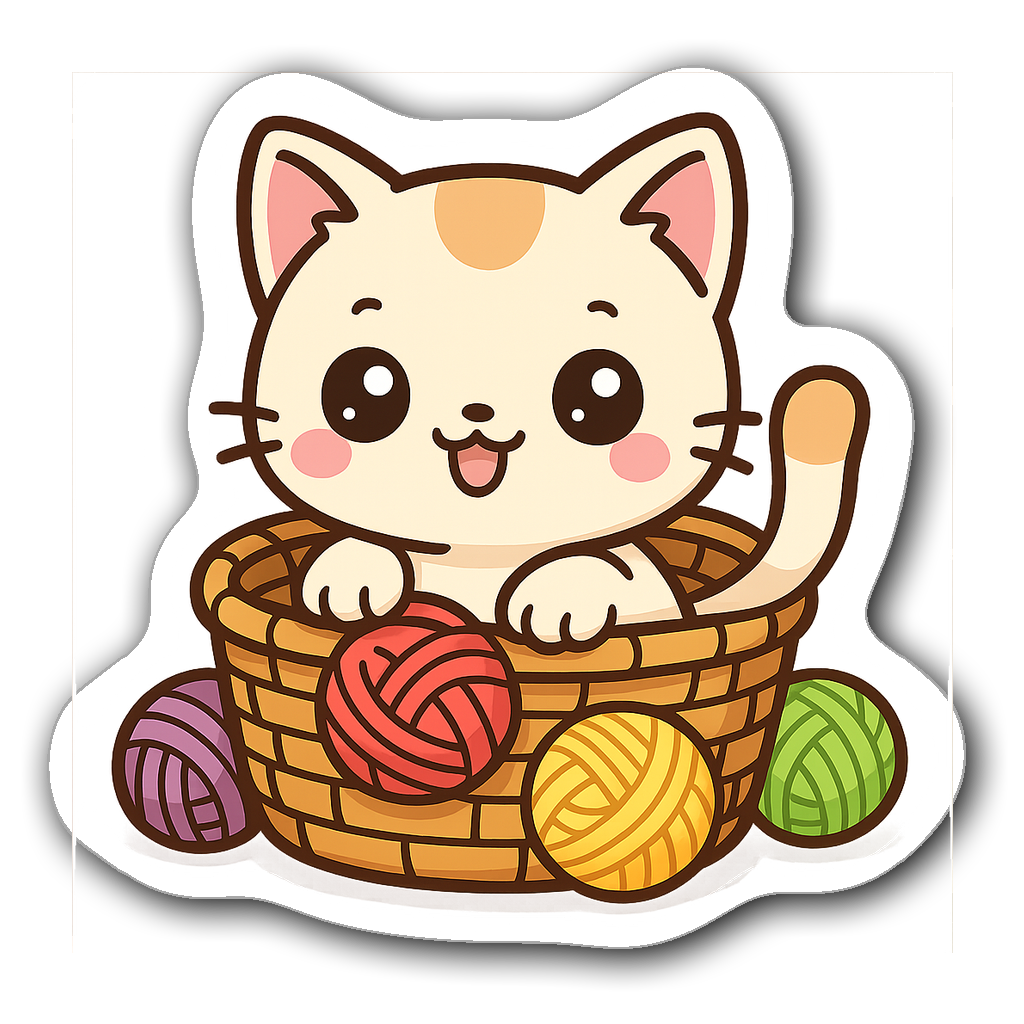 Kawaii cat in a colorful yarn basket with vibrant yarn balls