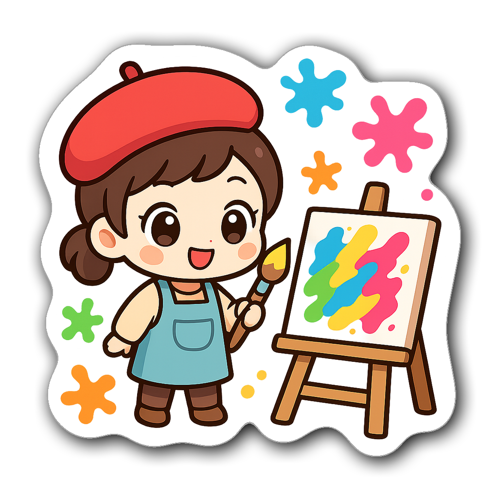Kawaii chibi style painter with big eyes and colorful paint splashes