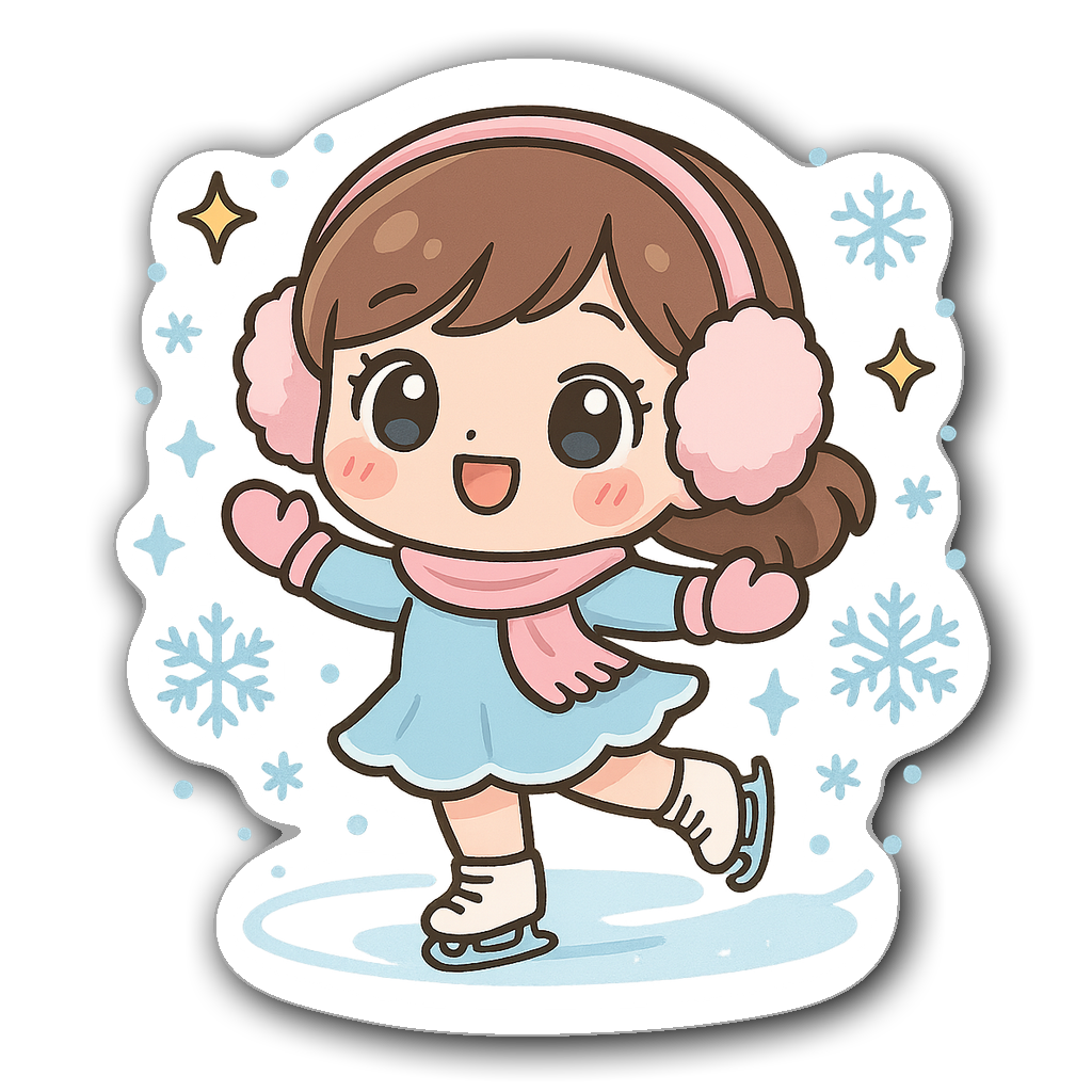 Kawaii chibi ice skater with fluffy earmuffs and pastel colors