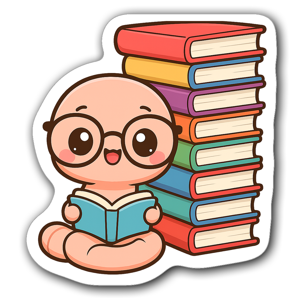 Kawaii chibi bookworm surrounded by colorful books
