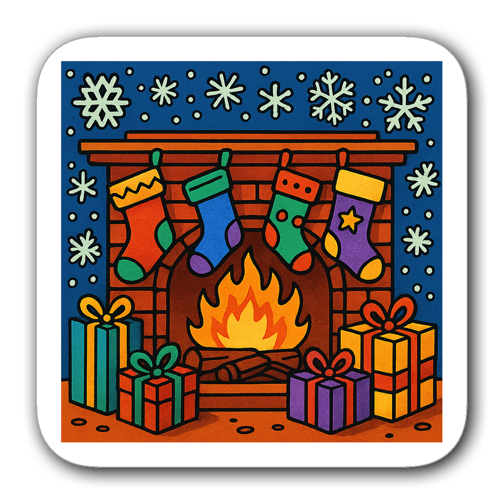 A colorful fireplace with stockings, snowflakes, and gifts
