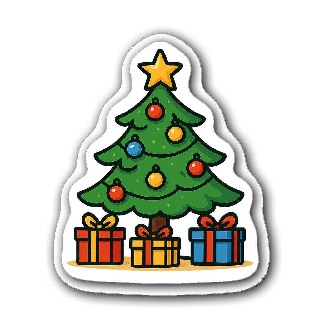 Whimsical Christmas tree adorned with colorful ornaments and presents