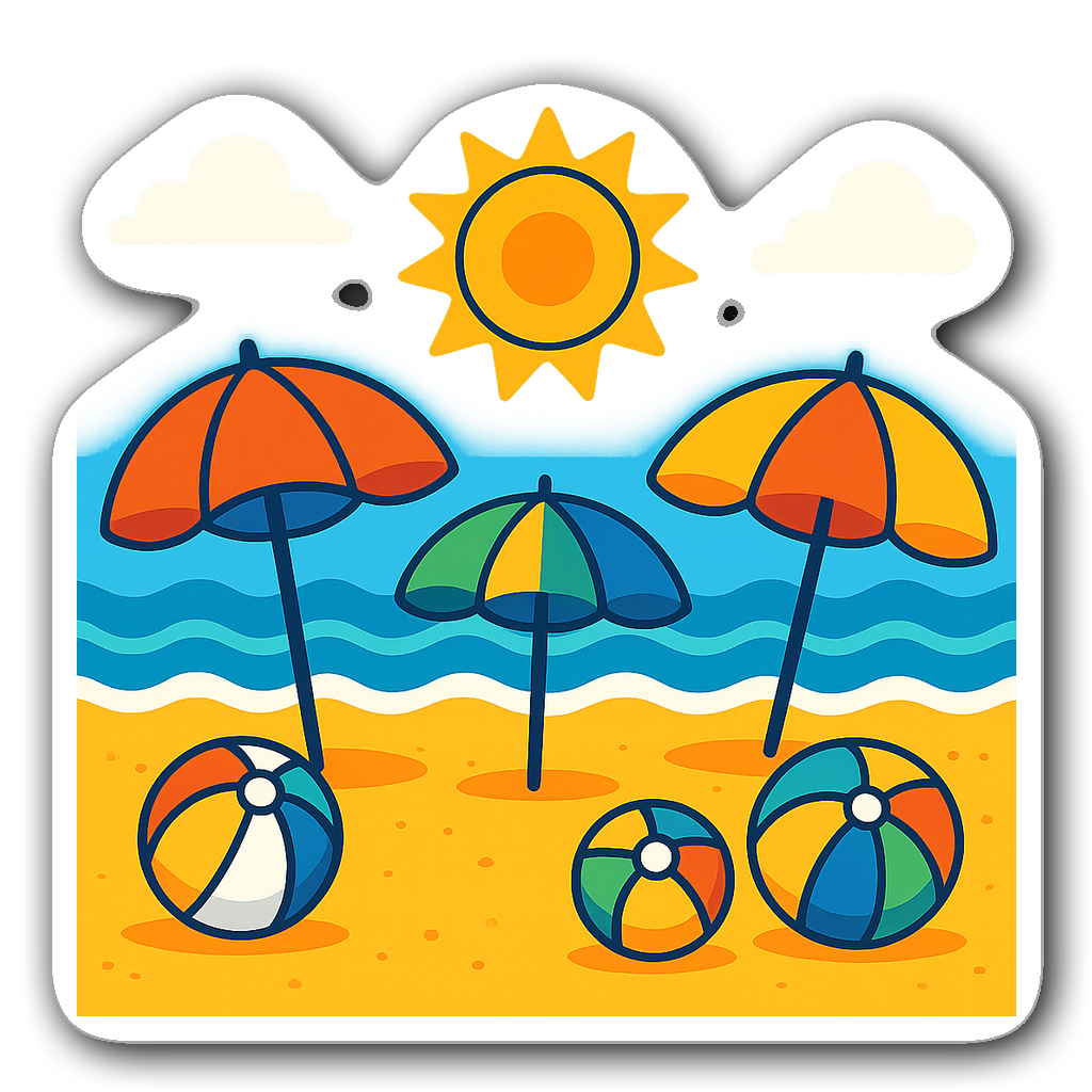 Vibrant summer beach scene sticker with sun and beach balls