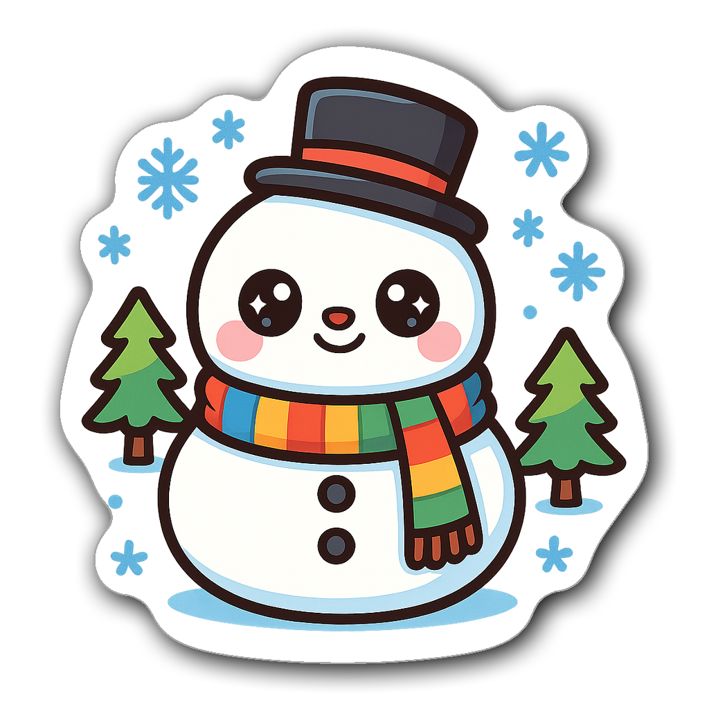 Kawaii chubby snowman with big eyes, colorful scarf, and trees