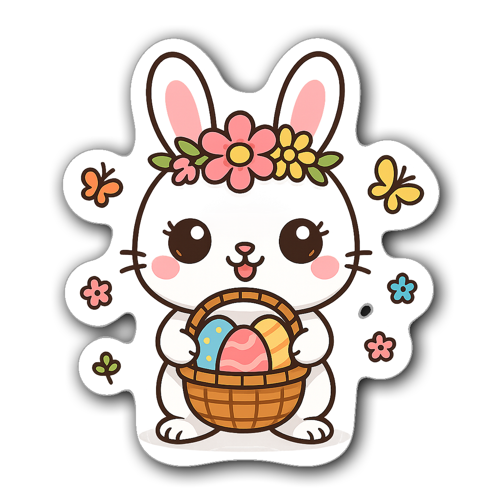 Kawaii Easter bunny holding a basket of colorful eggs