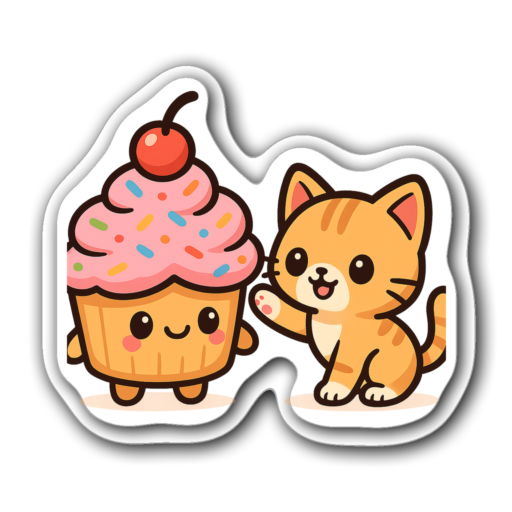 Chibi cupcake character with a smiling face and playful kitten