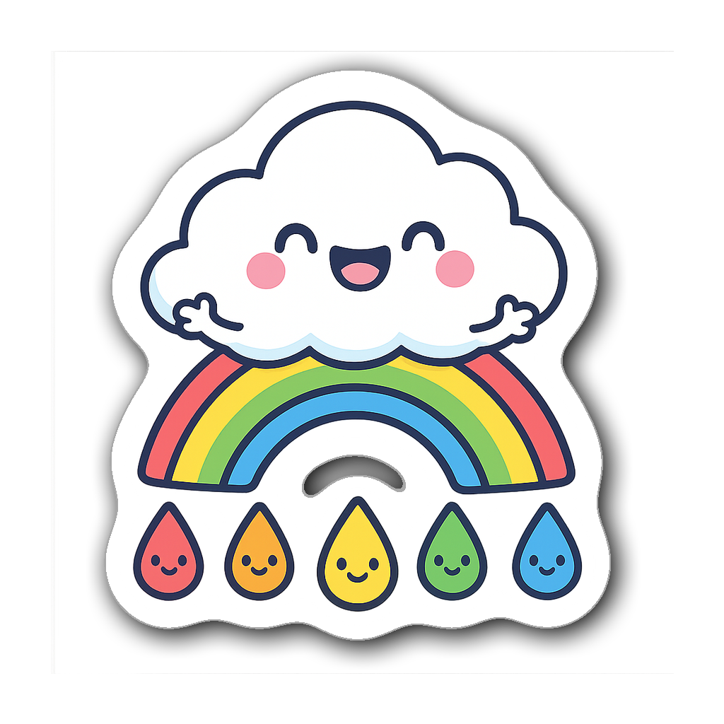 Kawaii-style cloud character with rainbow and raindrops sticker