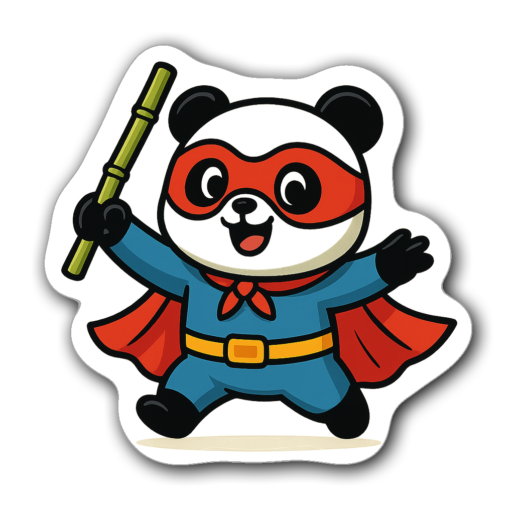 A cute panda dressed as a superhero with a cape and bamboo stick