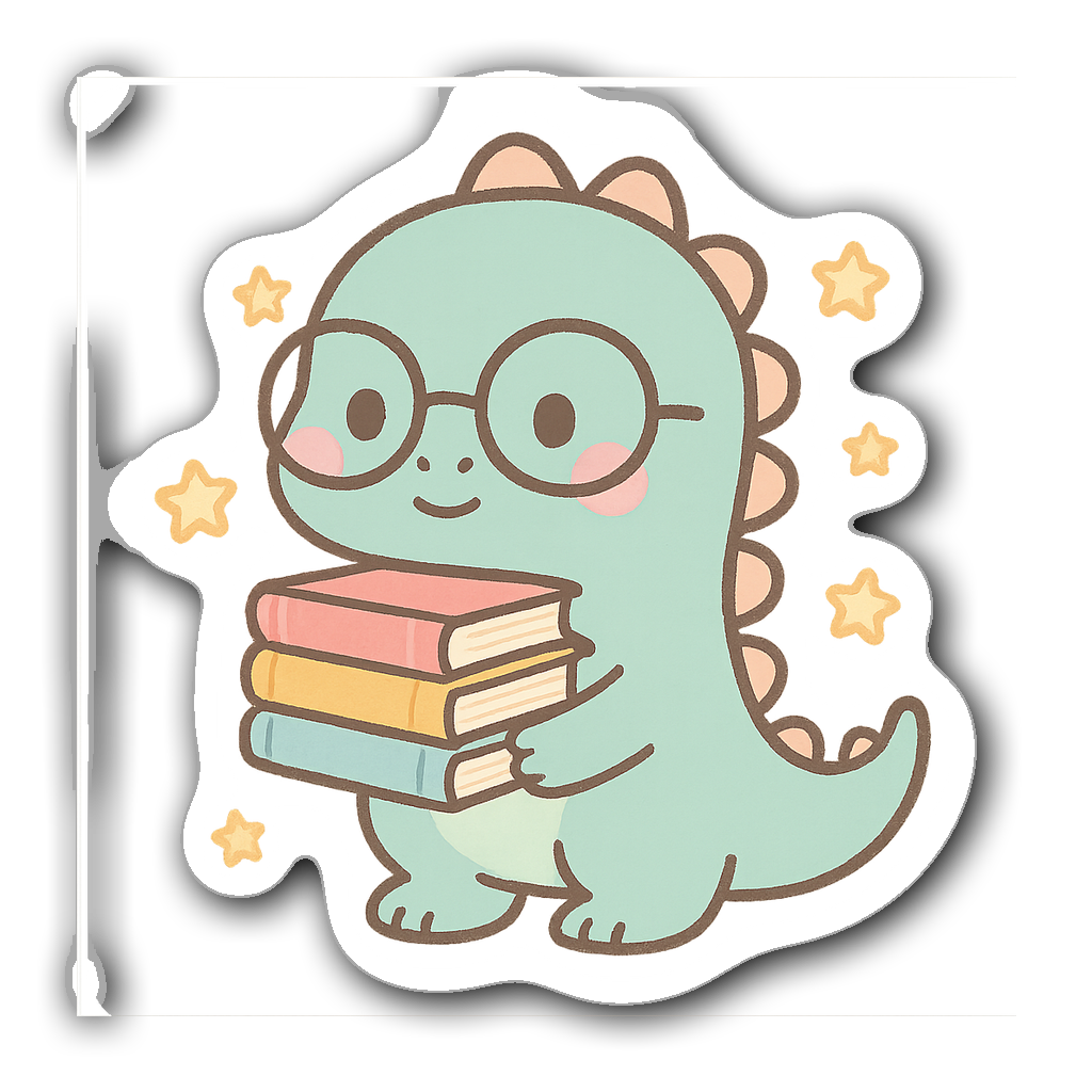 Pastel cute dinosaur character holding books and stars