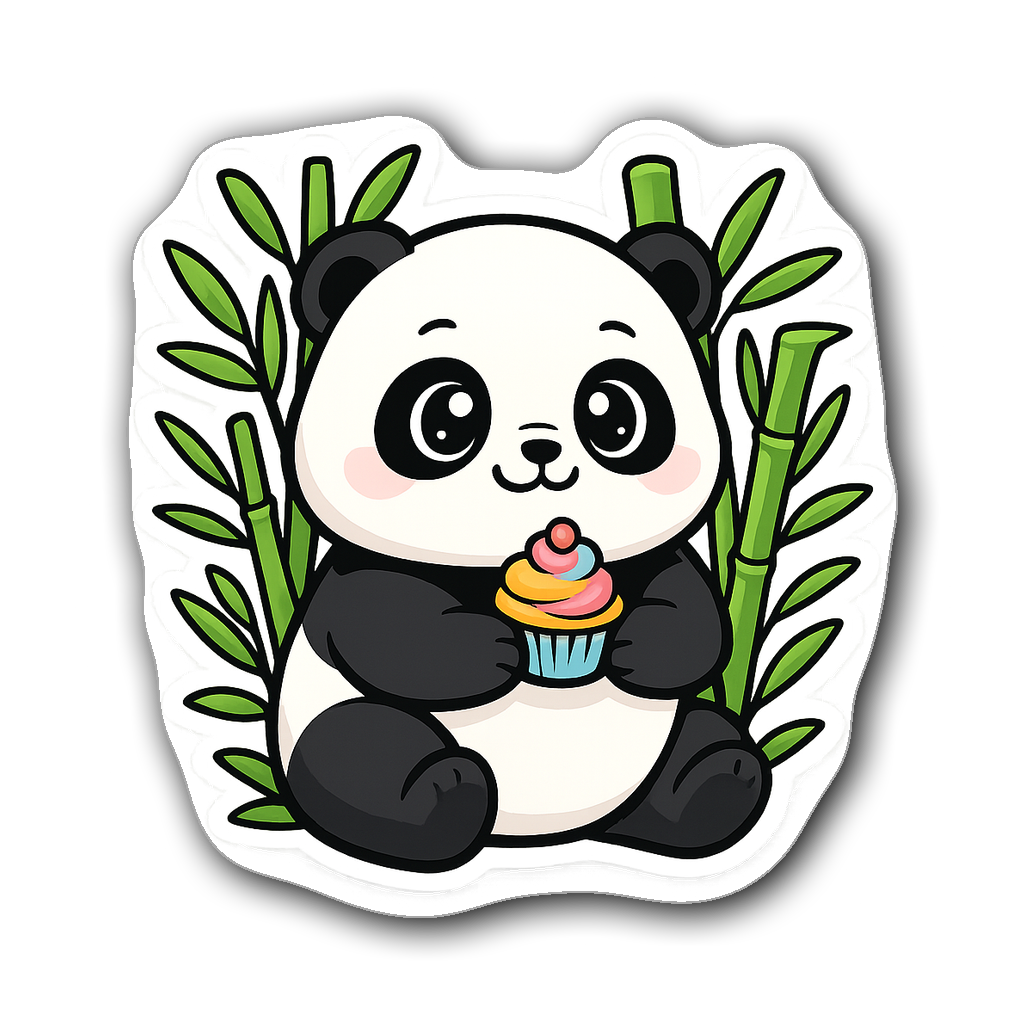 Kawaii chubby panda holding a cupcake surrounded by bamboo