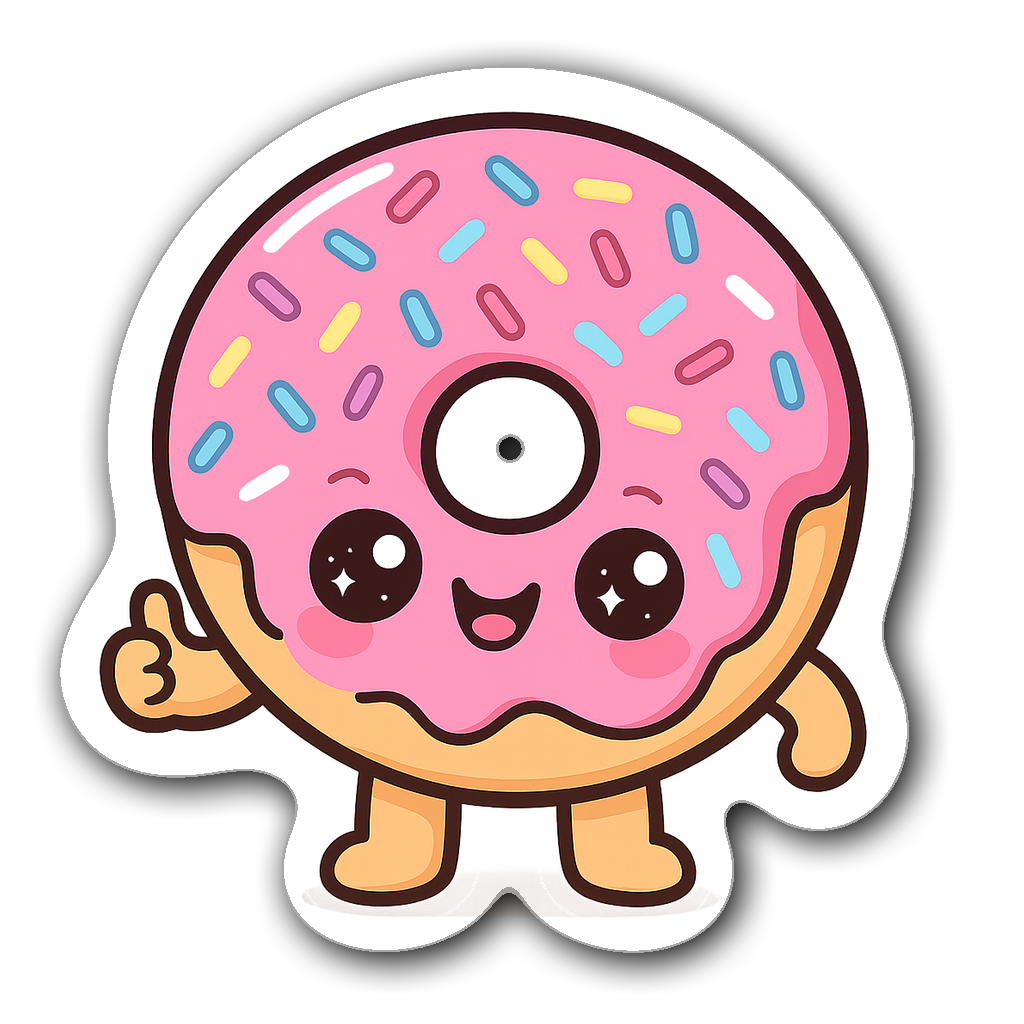 Kawaii donut character with big eyes and colorful sprinkles