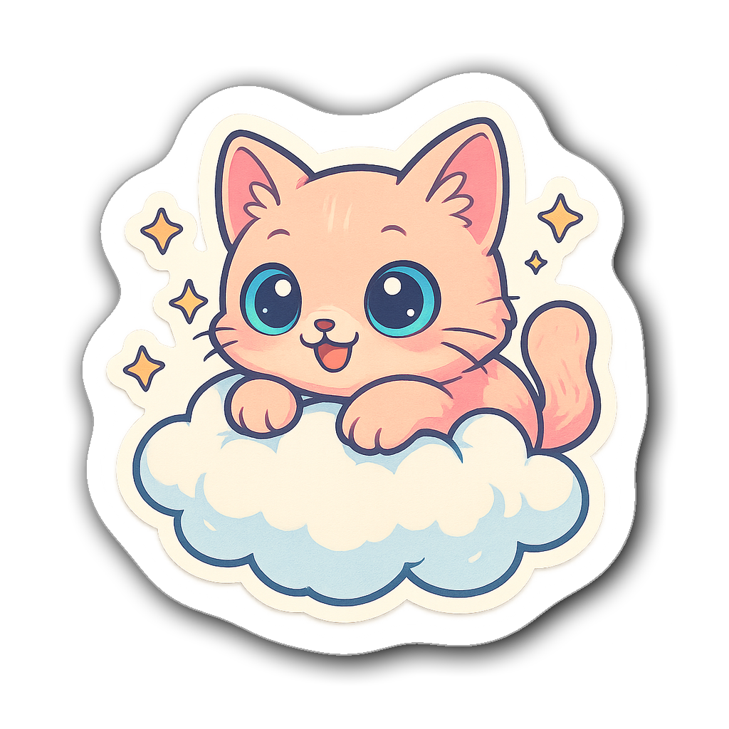 Kawaii kitten resting on a fluffy cloud with stars