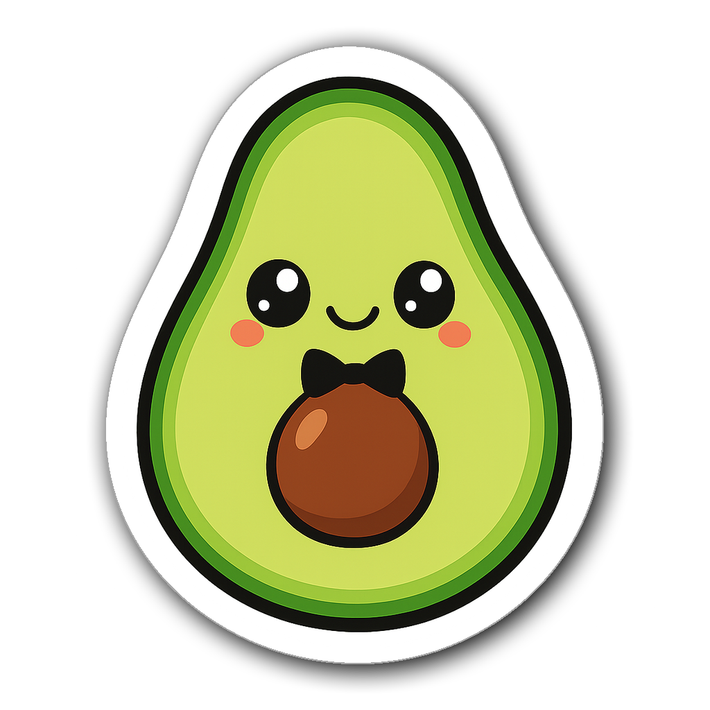Cute chibi avocado sticker with big eyes and a bowtie