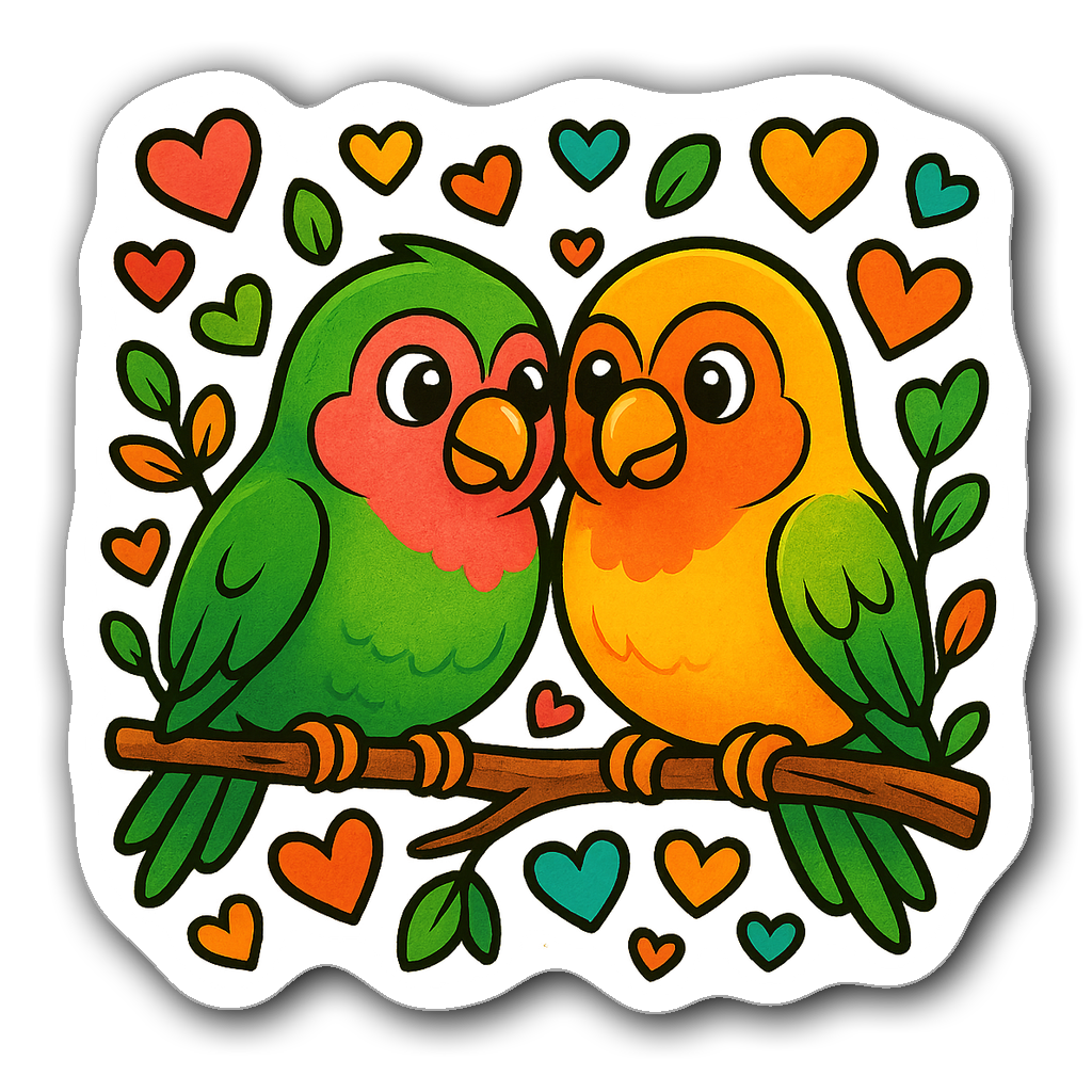 Illustration of cartoon lovebirds on a branch with heart leaves