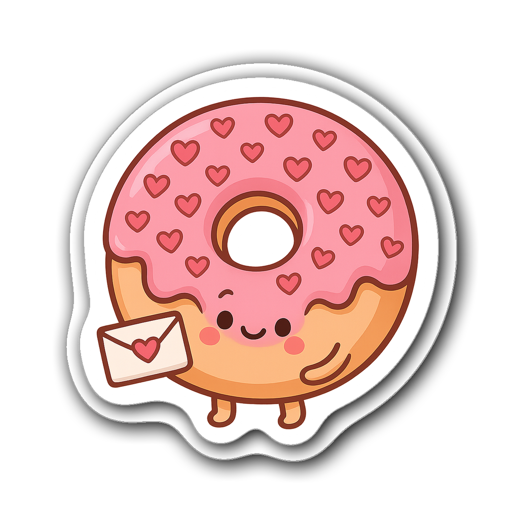 Cute donut with pink icing and heart sprinkles holding a love letter