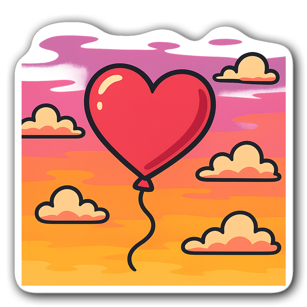 Stylized heart balloon against a pastel sunset background