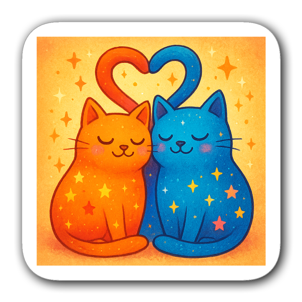 Two whimsical cats snuggled together forming a heart shape