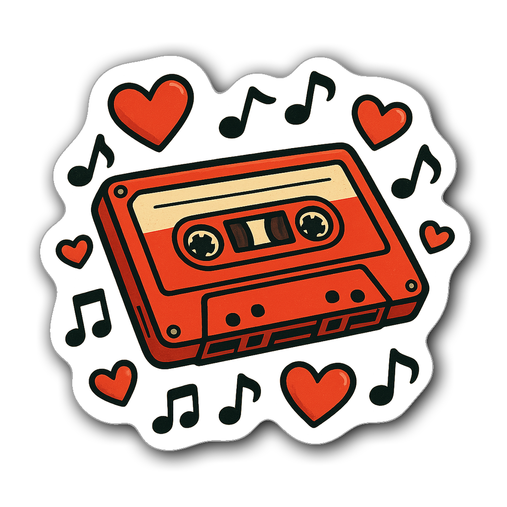 Vintage cassette tape surrounded by hearts and music notes sticker