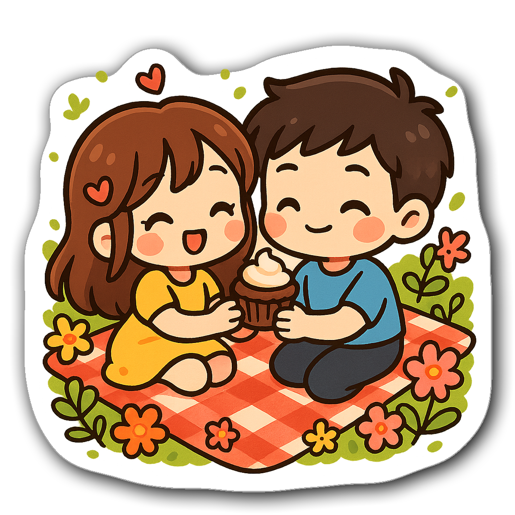 Chibi-style couple on a picnic blanket sharing a cupcake