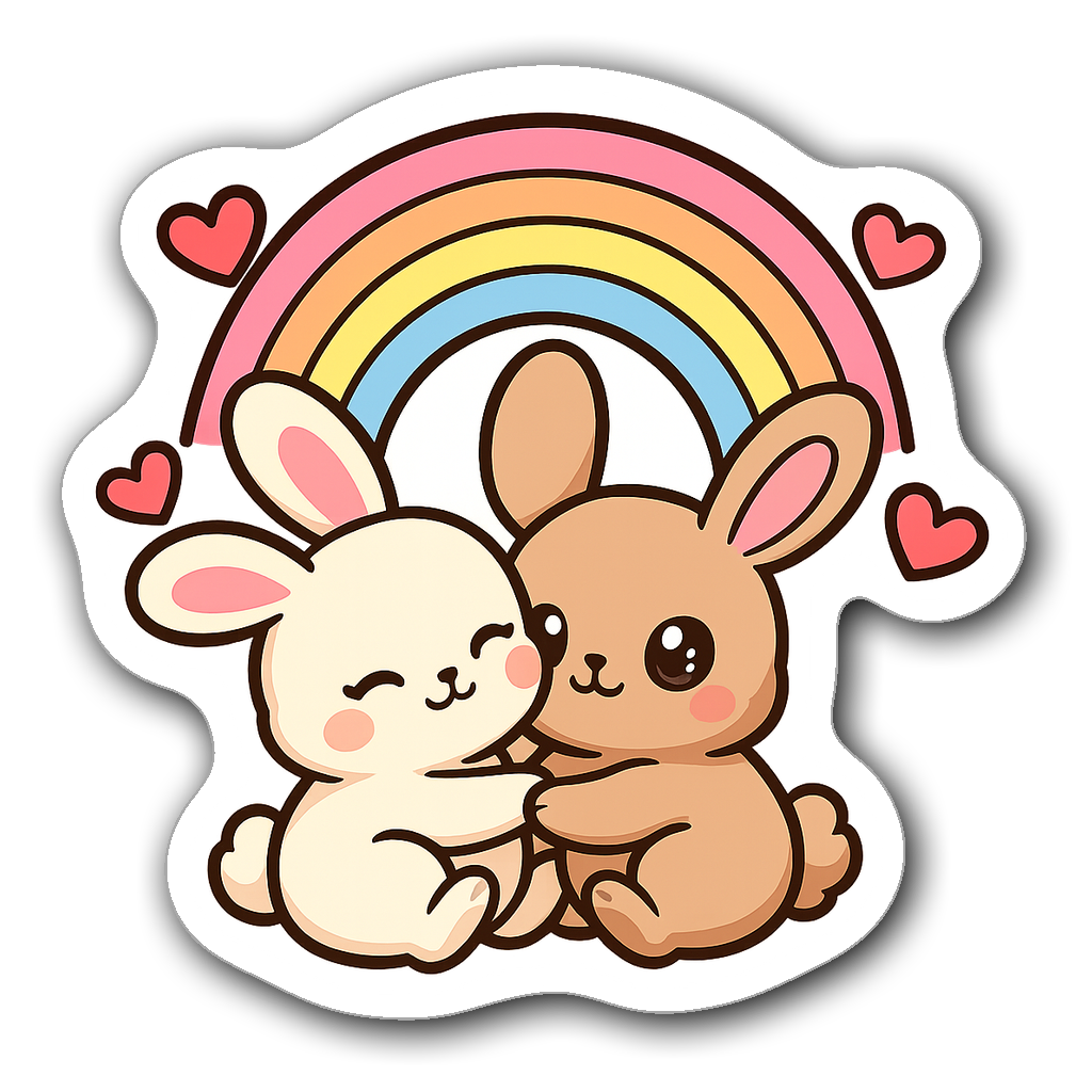 Kawaii chibi bunnies cuddling under a pastel rainbow sticker