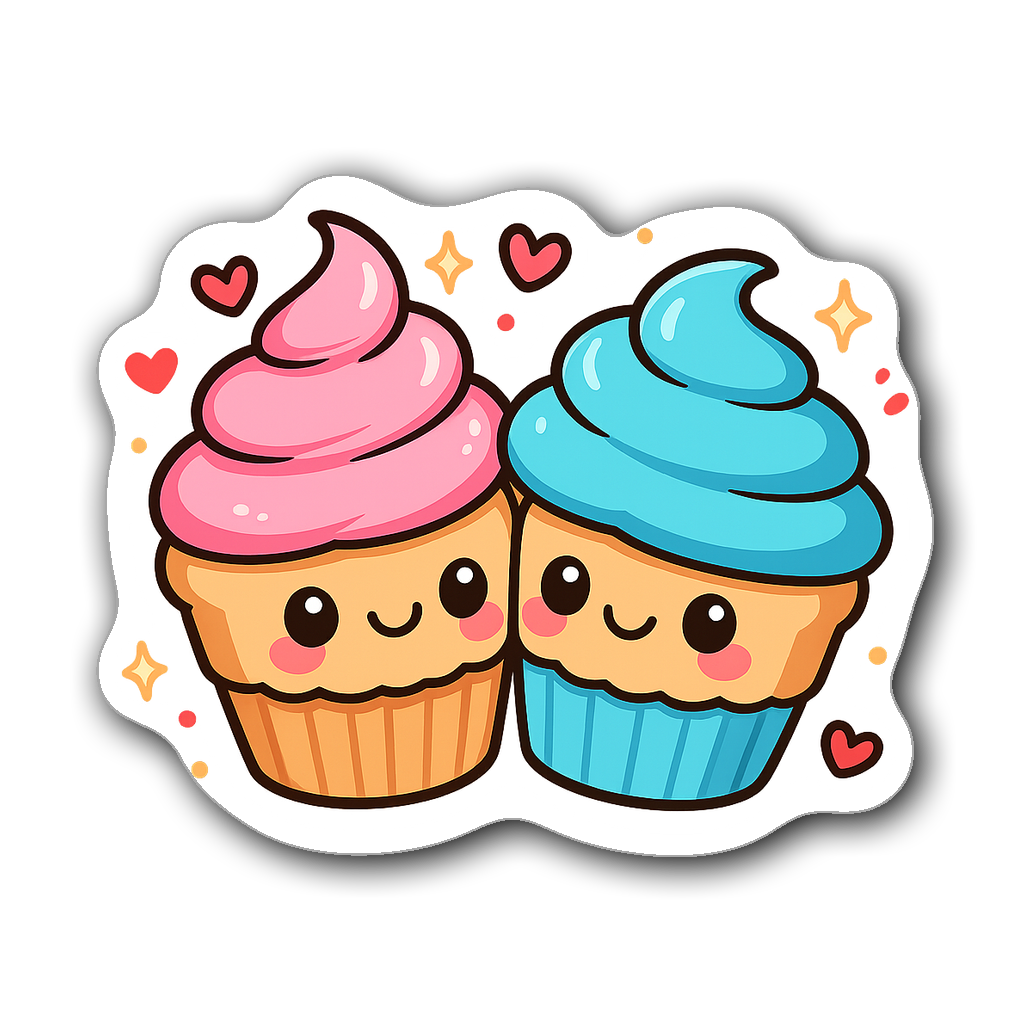 Two chibi cupcakes with pink and blue frosting leaning towards each other