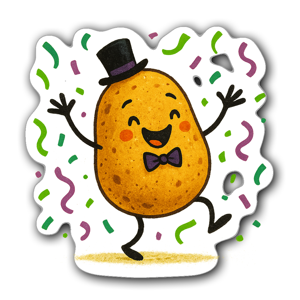 Quirky potato character dancing with confetti