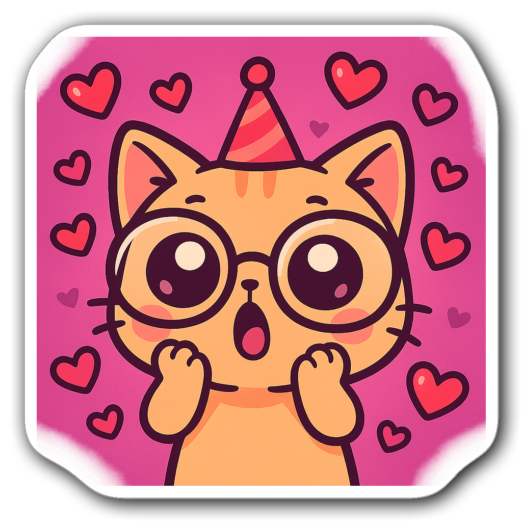 Chibi cat with oversized glasses, party hat, and heart emojis
