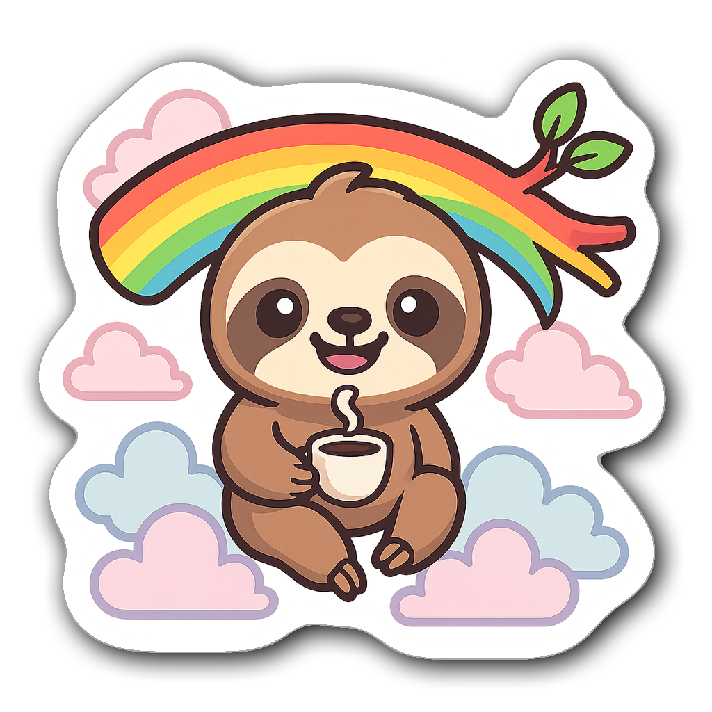 Chibi sloth hanging from a colorful tree branch with clouds