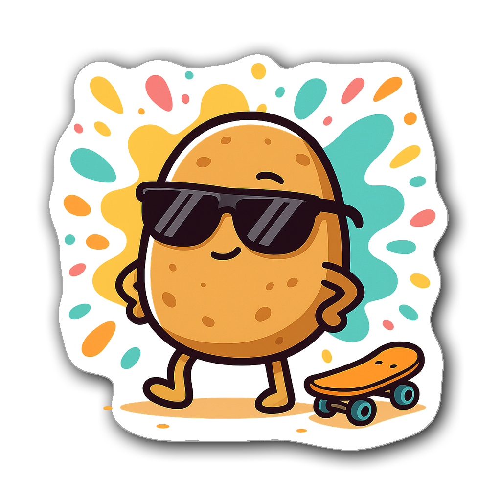Kawaii chibi potato sticker with sunglasses on skateboard