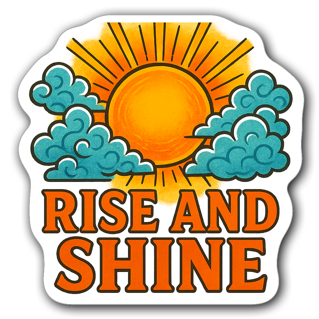 Vibrant sun sticker with the quote 'Rise and Shine'