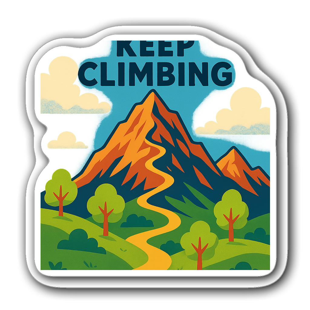 Bold mountain range with cheerful trees and blue sky sticker