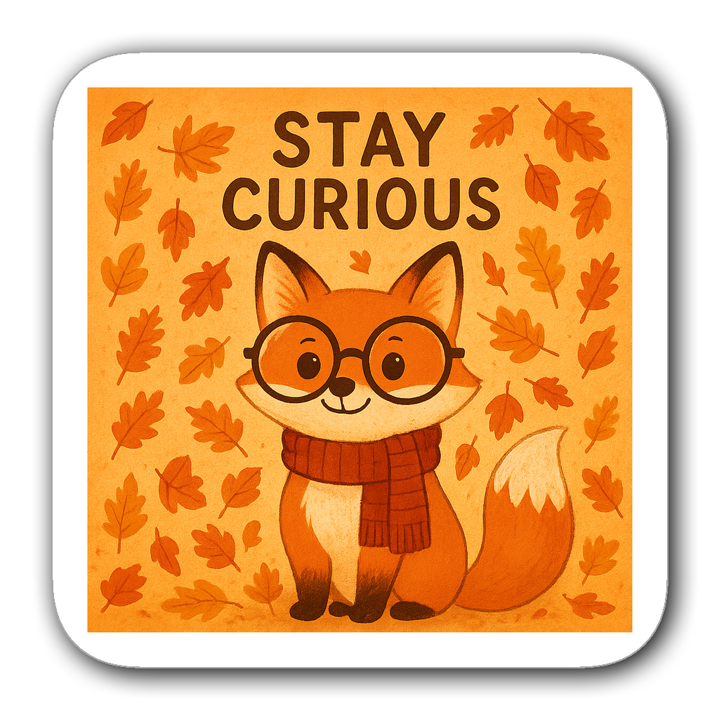 Cheerful fox sticker with oversized glasses and autumn leaves