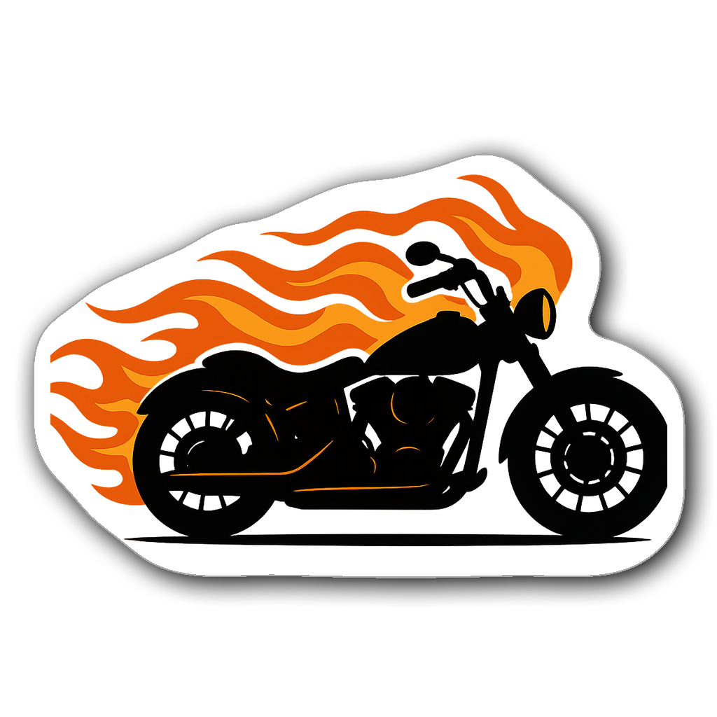 Classic motorcycle silhouette with flames in bold colors