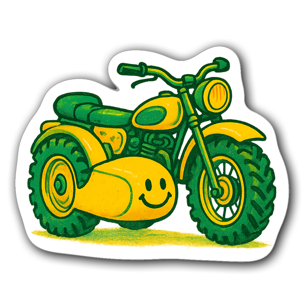 Vintage motorcycle illustration with bright colors and whimsical design