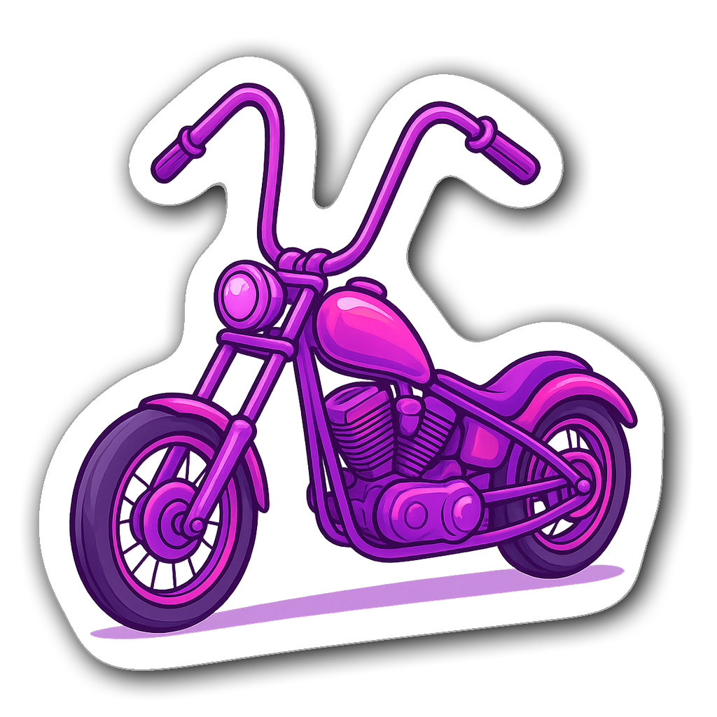 Chopper motorcycle illustrated in vibrant purples and pinks