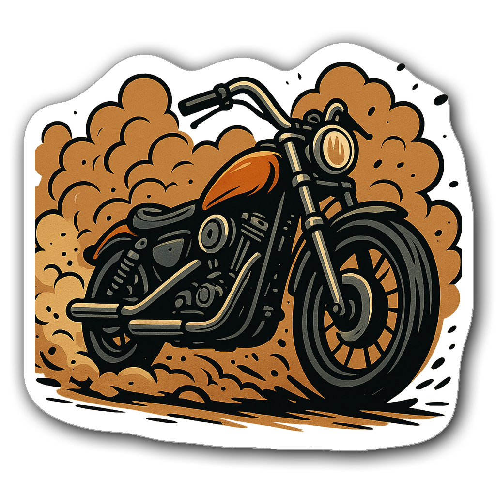 Bold illustration of a motorcycle revving up with dust
