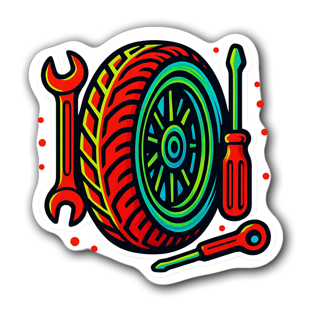 Stylized motorcycle tire sticker with tools illustration