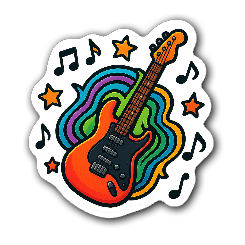 Vibrant electric guitar surrounded by colorful sound waves and notes