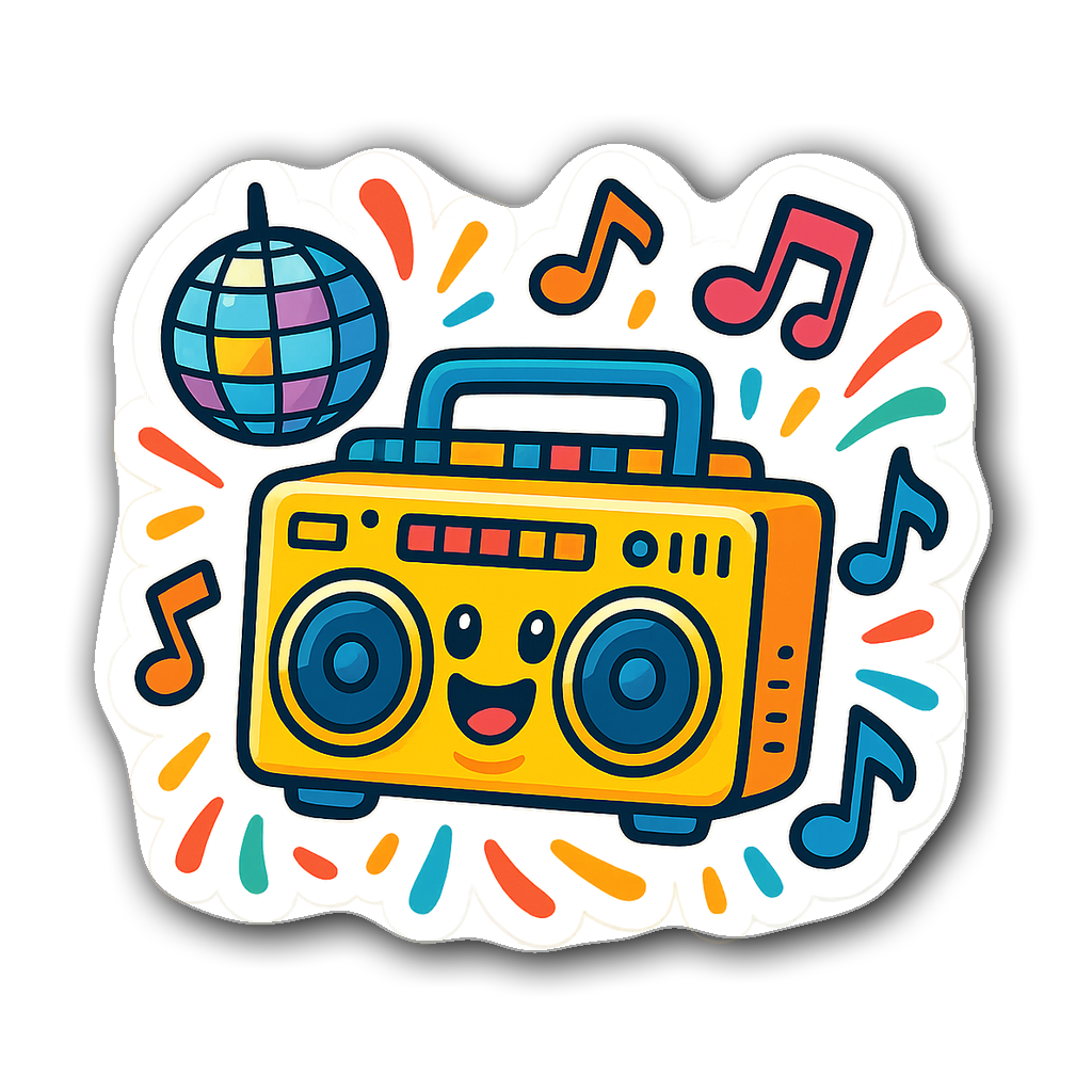 Whimsical cartoon-style boombox with disco balls and music notes