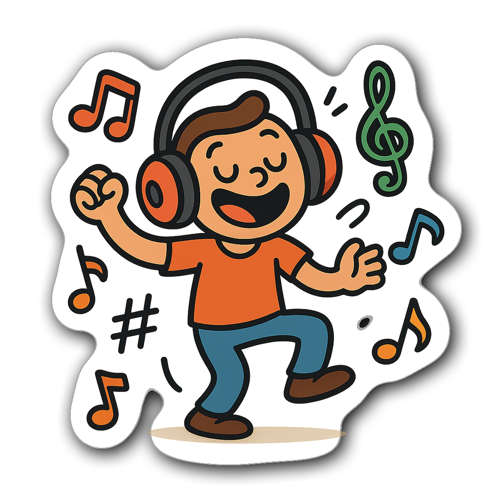 Playful character dancing with oversized headphones and music notes