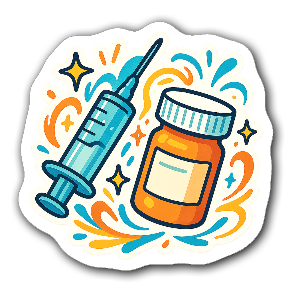 Nurse themed sticker with a syringe and pill bottle surrounded by sparkles
