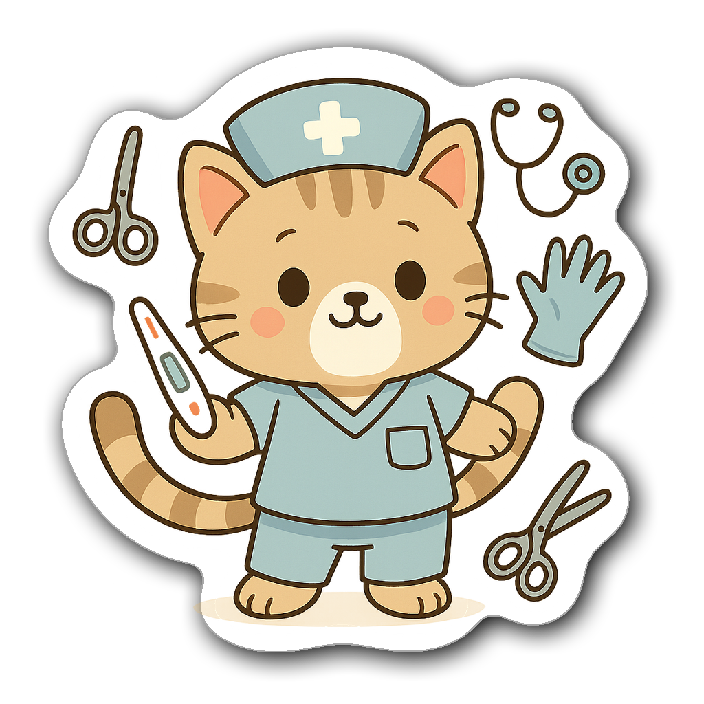 Adorable cartoon cat in scrubs holding a thermometer and medical tools