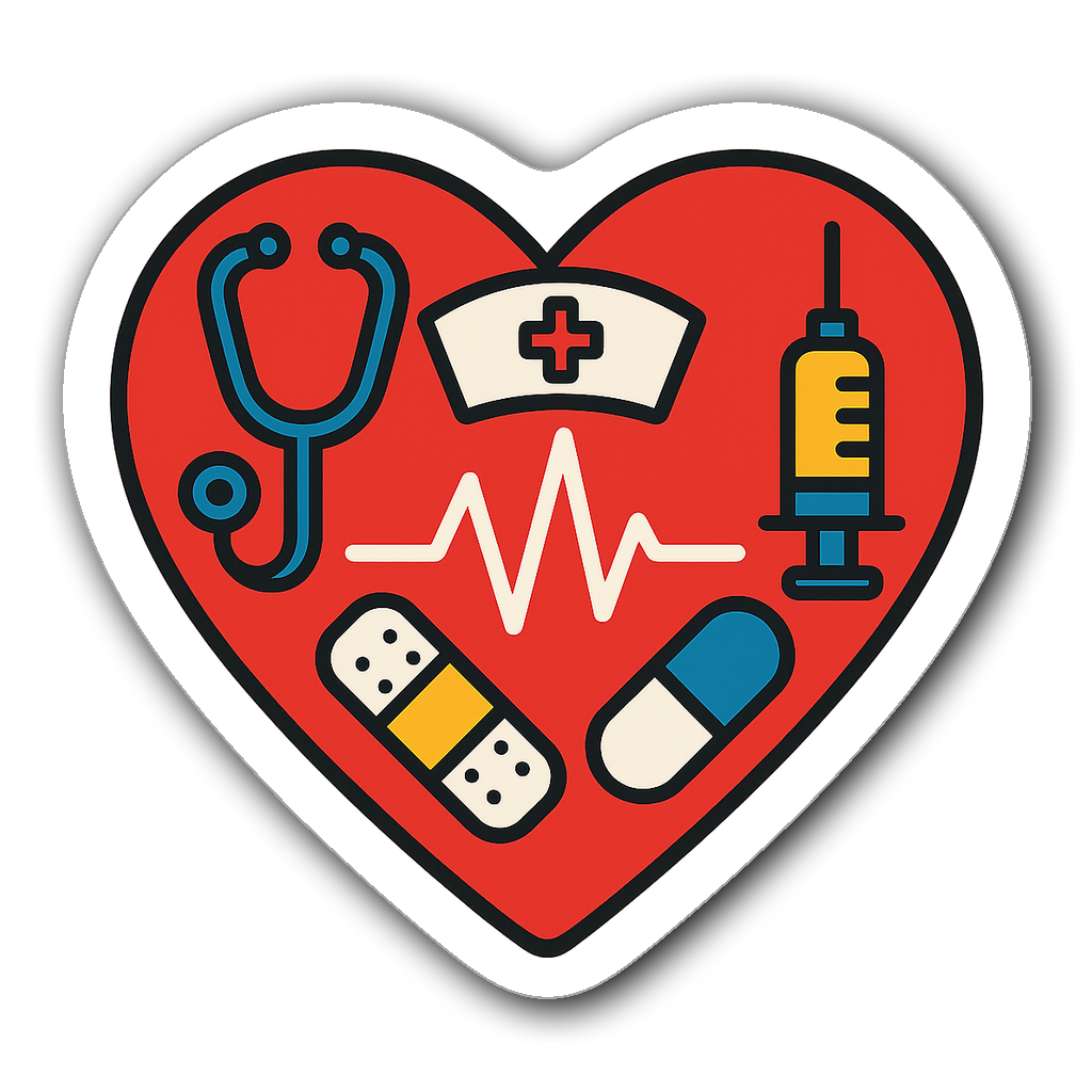 Heart-shaped nursing badge sticker with medical icons
