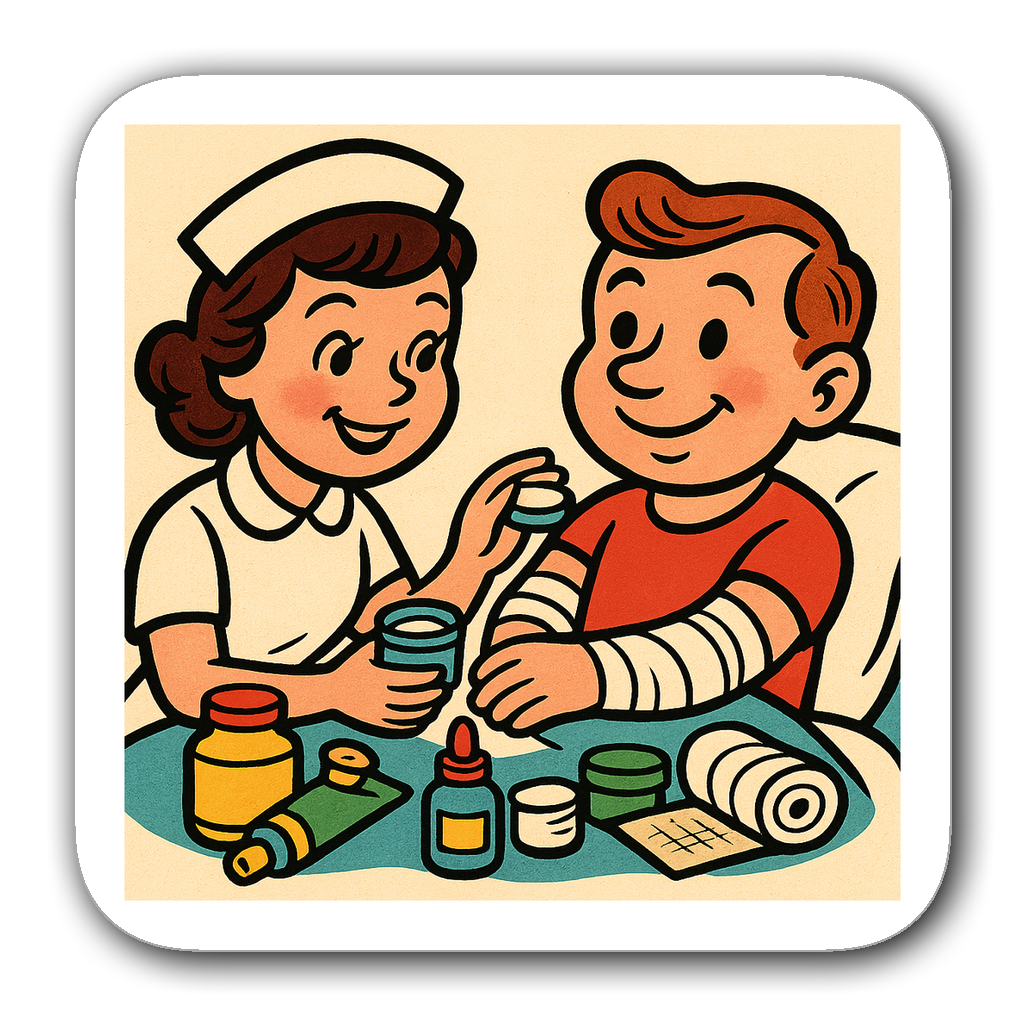 Vintage nurse delivering care to a cartoon patient illustration