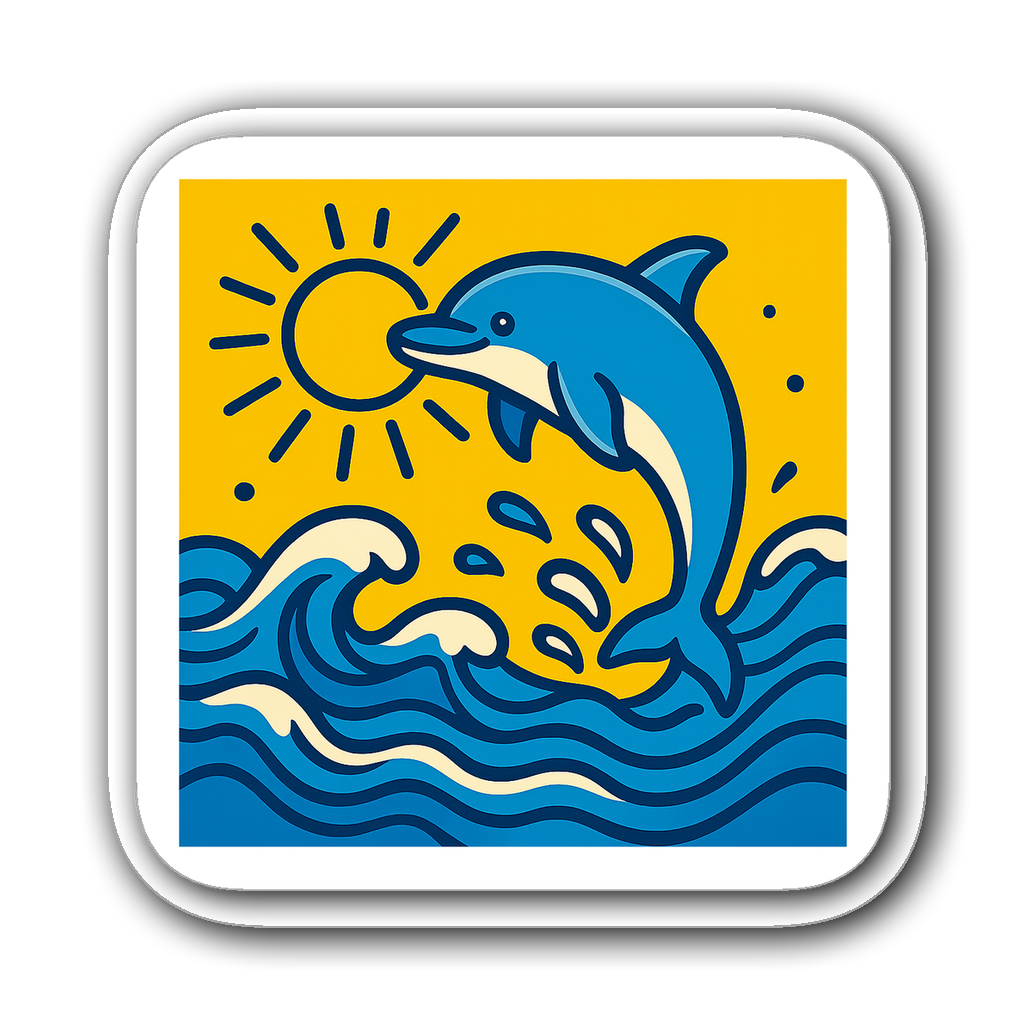 A playful dolphin leaping out of stylized waves under the sun